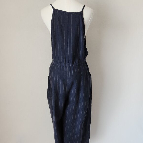ALEMBIKA Linen Pinstripe Wide Leg Capri Jumpsuit Tie-Waist Pocket Navy Blue - Picture 7 of 13